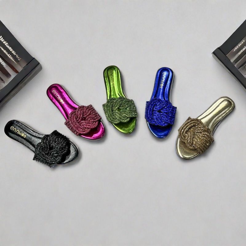 Rhinestone Flat Slide Sandals – Sparkly Slip-On Summer Shoes in Multiple Colors