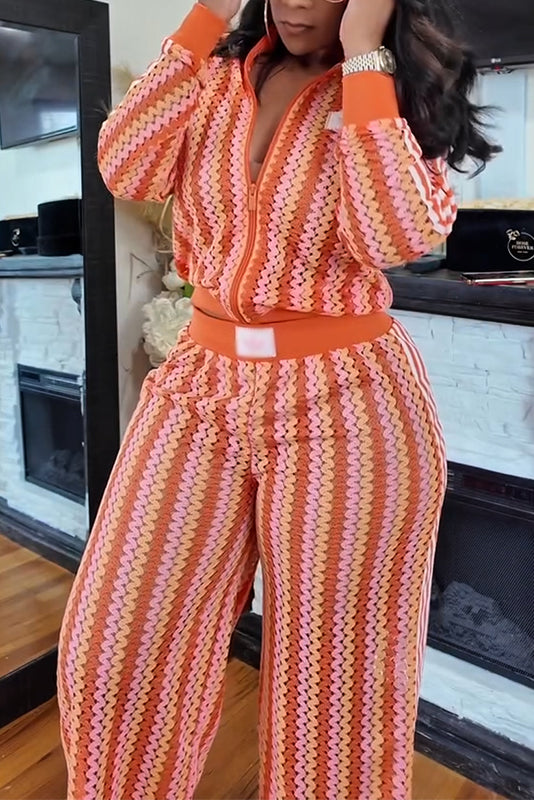 Retro Wave Knit Zip-Up Two-Piece Set