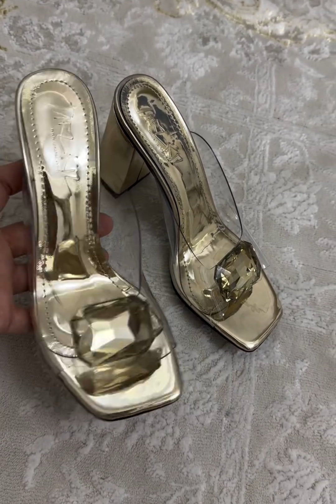 Gold Crystal Block Heel Mules Transparent Strap Square Toe Slippers