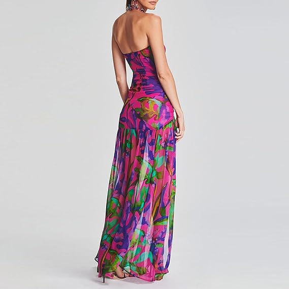 Womens Strapless Maxi Dress Slim High Slit Mesh Long Dress