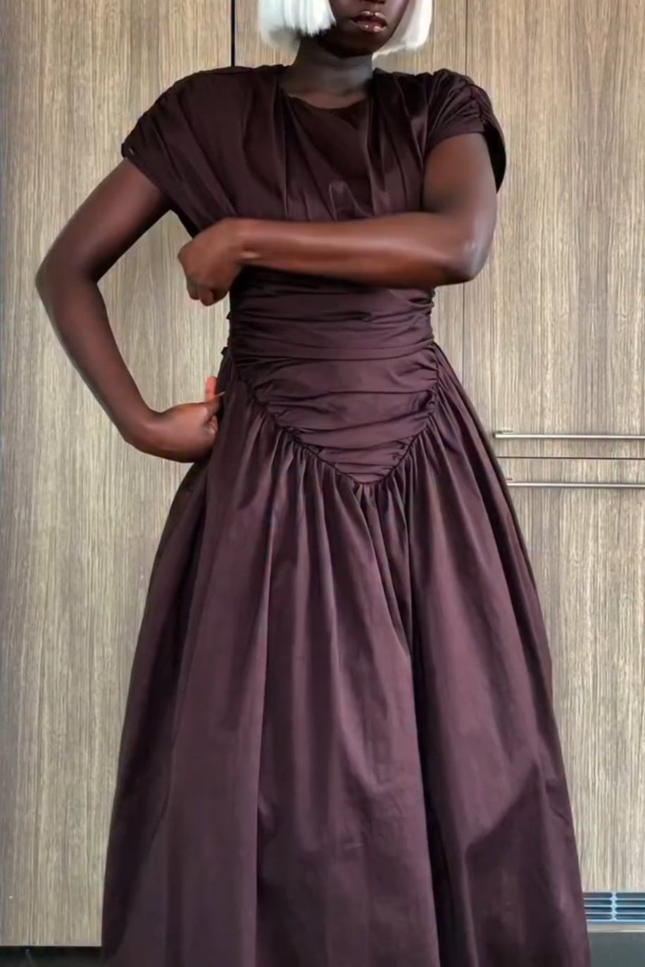 Pleated Cinched Waist Belt Pocket Maxi Dress