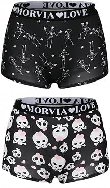 Women Gothic Halloween Skulls Print Contrast Binding Boyshorts Underwear Elastic Waist Intimates Panties