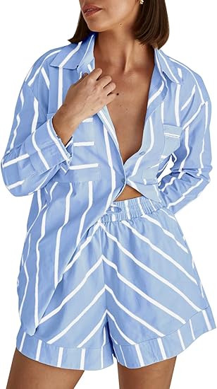 Striped 2 Piece Outfits Button Down Shirts and Shorts Lounge Matching Sets