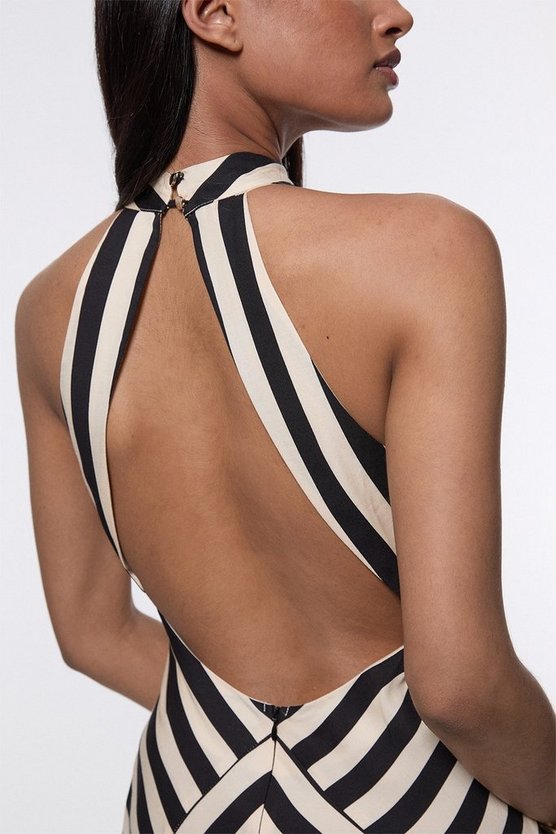 Tall Mono Fluid Stripe Cotton Mix Women Maxi Halter Dress