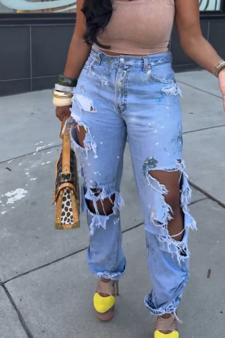 Distressed Ripped Dirty-Wash Jeans