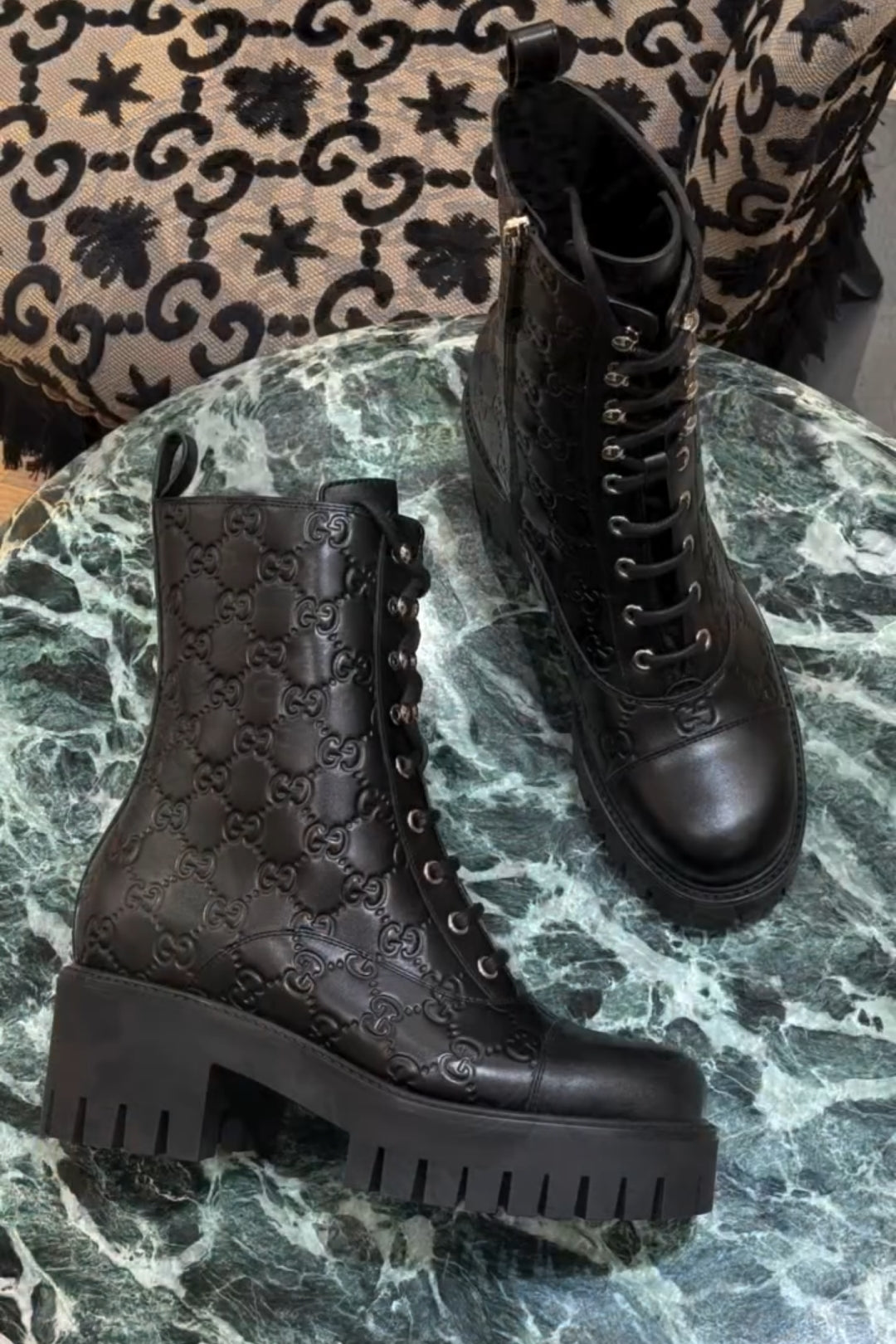 Black Enaraved ltalian Leather Ankle Boots