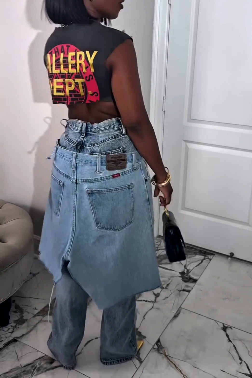 Layered Denim Pants with Skirt Overlay