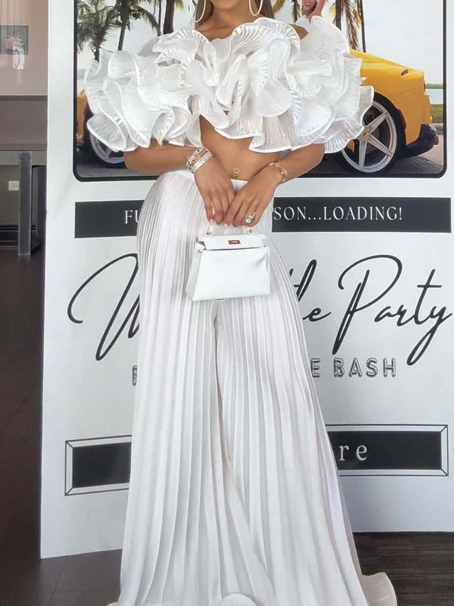 Off Shoulder Flowers Pleated Two Pieces Set