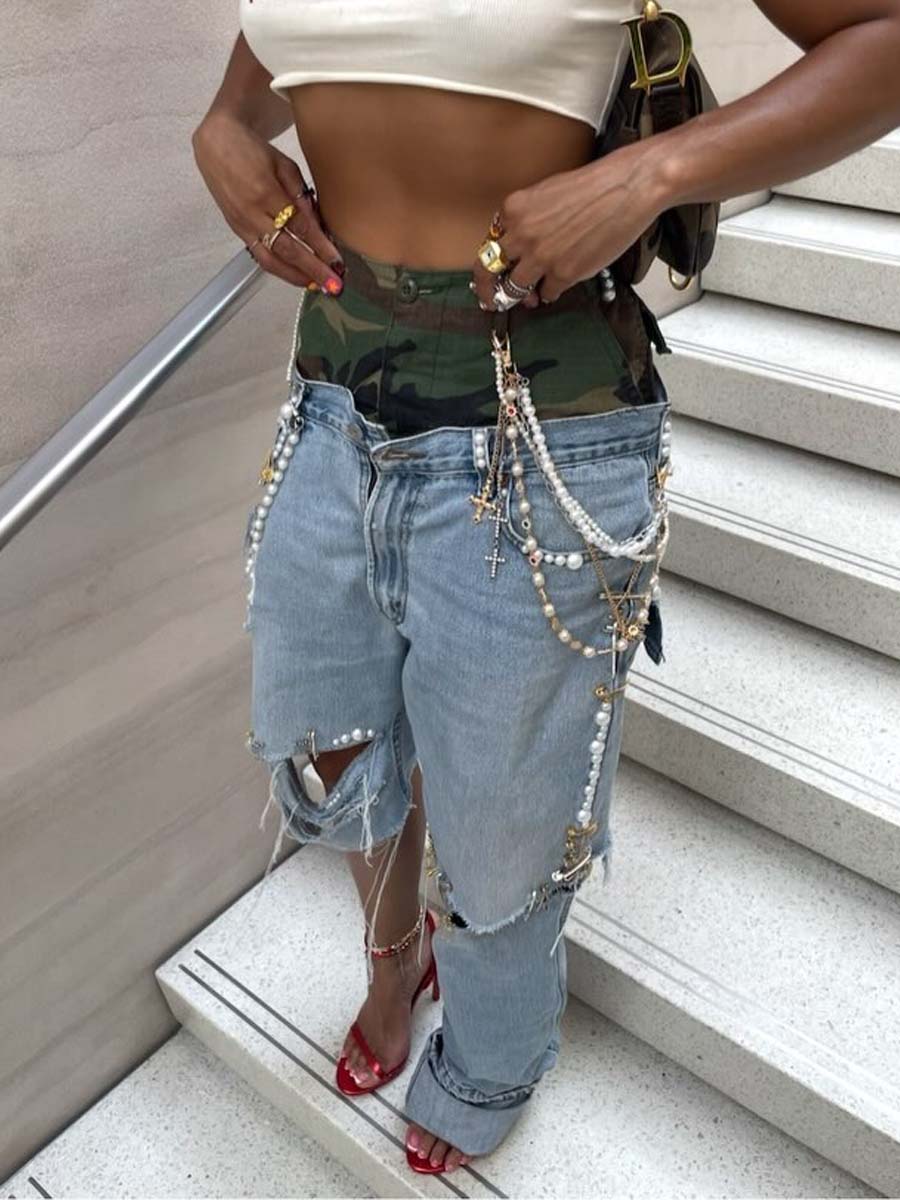 Asymmetric Camouflage Patchwork Ripped Jeans