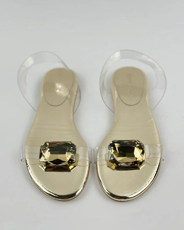 Gold Large Crystal Flat Sandals