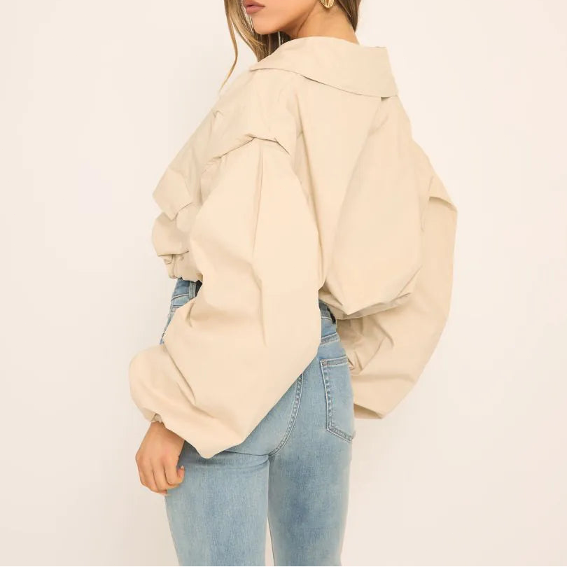 Long Sleeve Cinched Waist Cropped Trench Coat In Stone