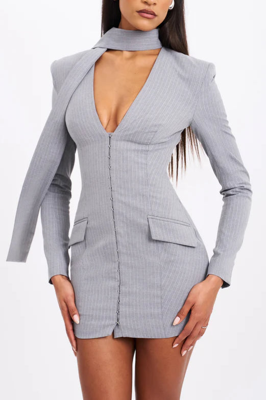 Deep V Pinstripes Gray Blazer Dress with scarf collar