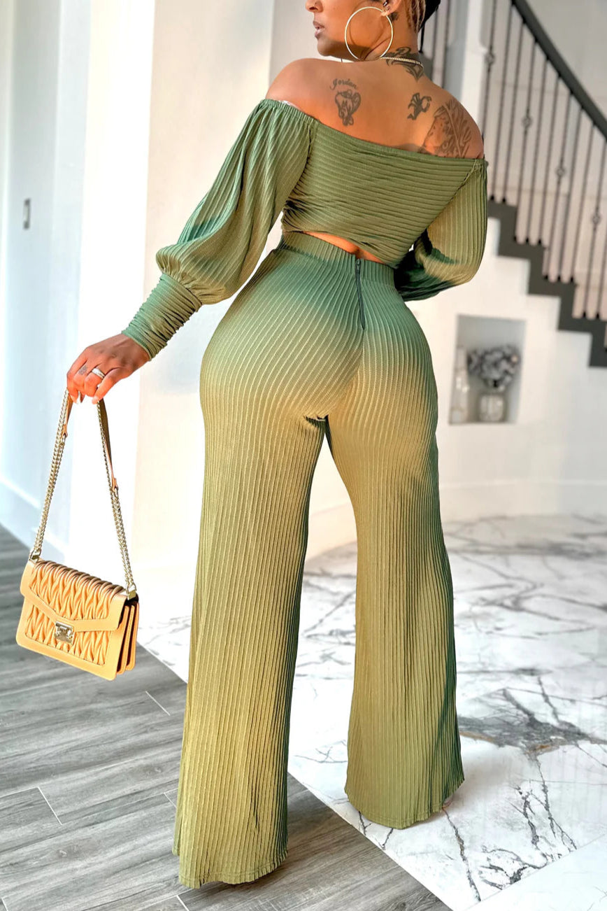Olive Allure Ribbed Two-Piece Set – Off Shoulder & Wide Leg