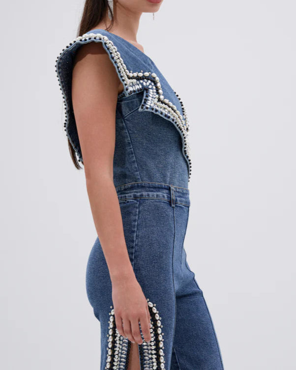 PearlEdge Denim Two-Piece Set – Asymmetric Crop Top & Wide-Leg Pants