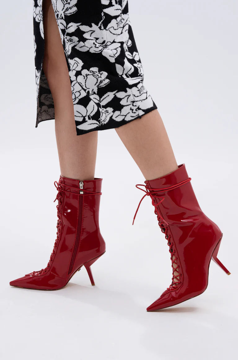 Red Lace Up Stiletto Bootie