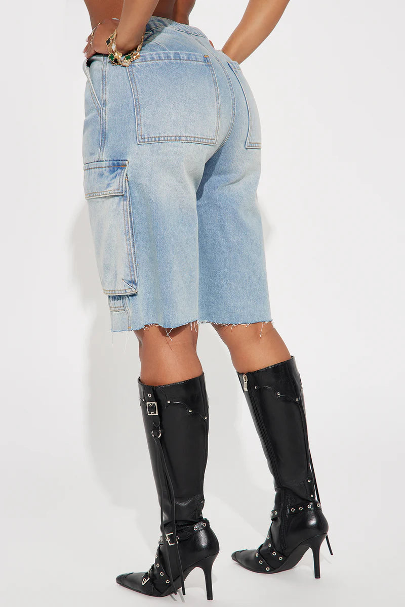 Denim Cargo Jorts - Light Wash