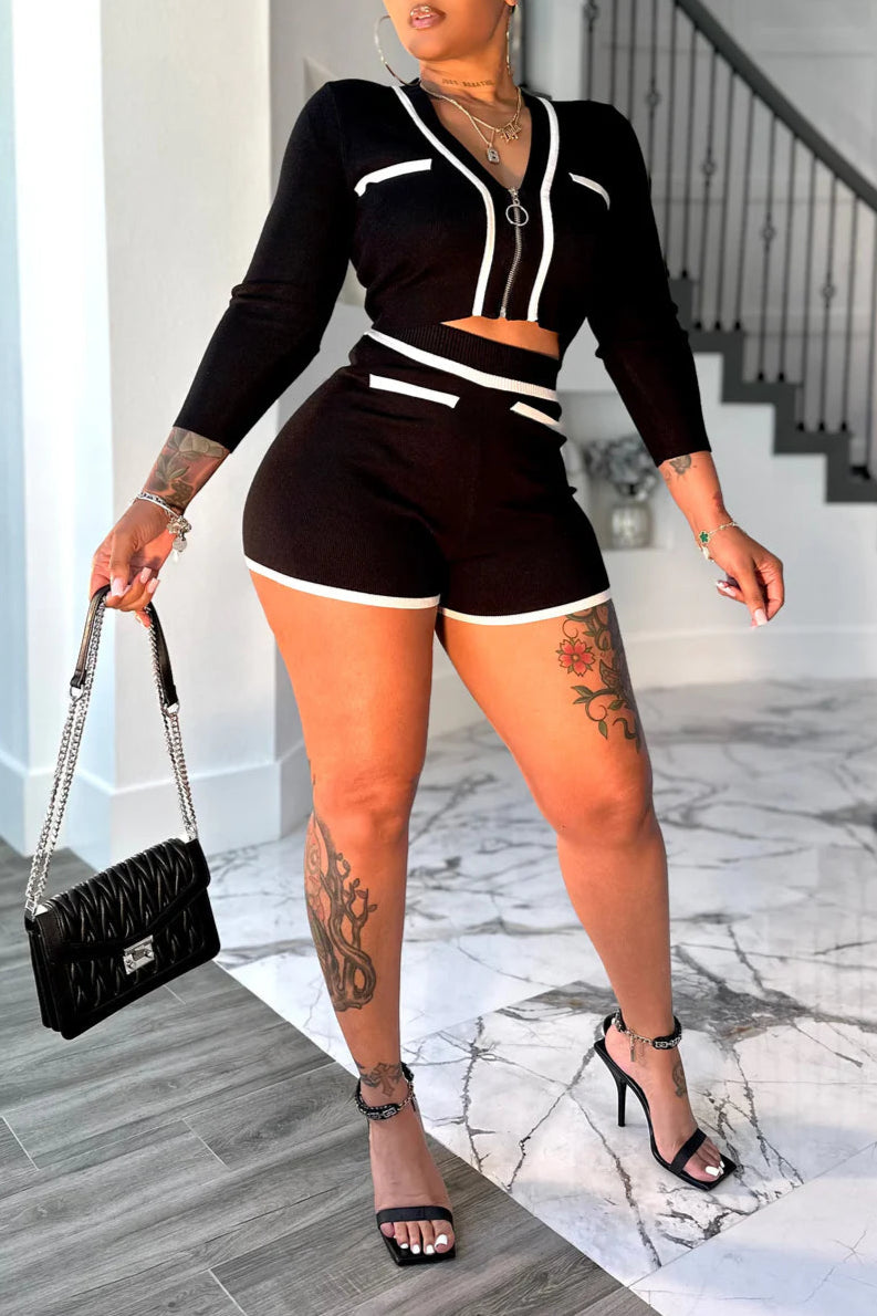 Chic Contrast – Black & White Trim Knit Short Set
