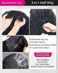 【3 IN 1 HALF WIG】Burmese Curly GLUELESS Invisible Half Wig For Blackwomen Clip In Protective Styles Human Hair