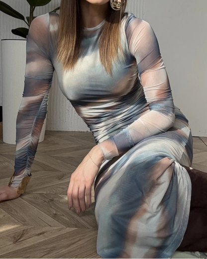 Elegant Gradient Printing Dyeing Long-Sleeve Maxi Dress