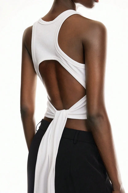 Solid-Color Wrap-Around Long Tie Design Sleeveless Round-Neck Backless Tank Top