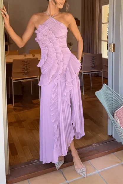Elegant Purple Halter A Line Prom Gowns Ruffles Tiered Backless Party Gown
