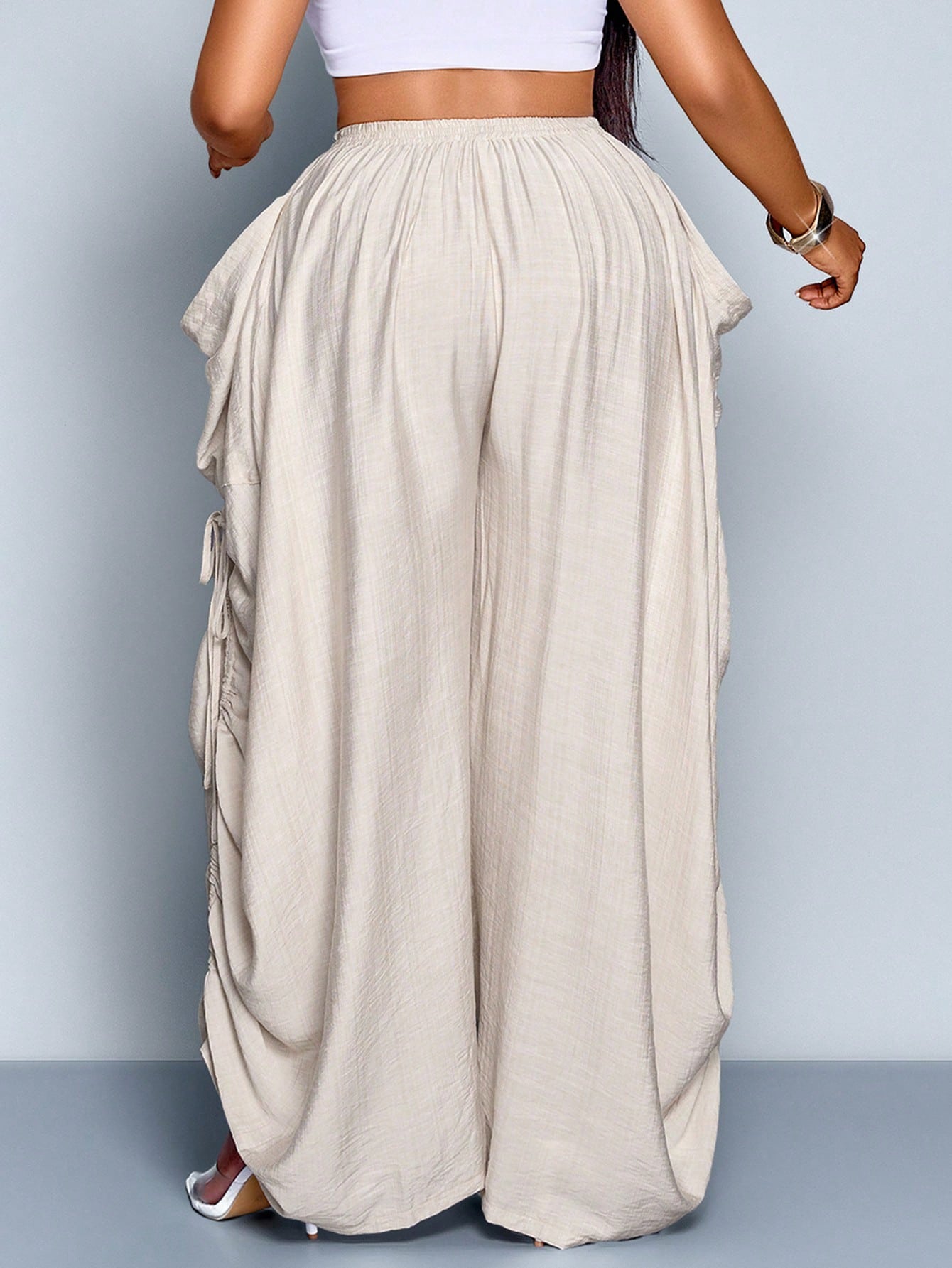 Women Solid Color Tie-Waist Wide Leg Baggy Pants With Big Pockets