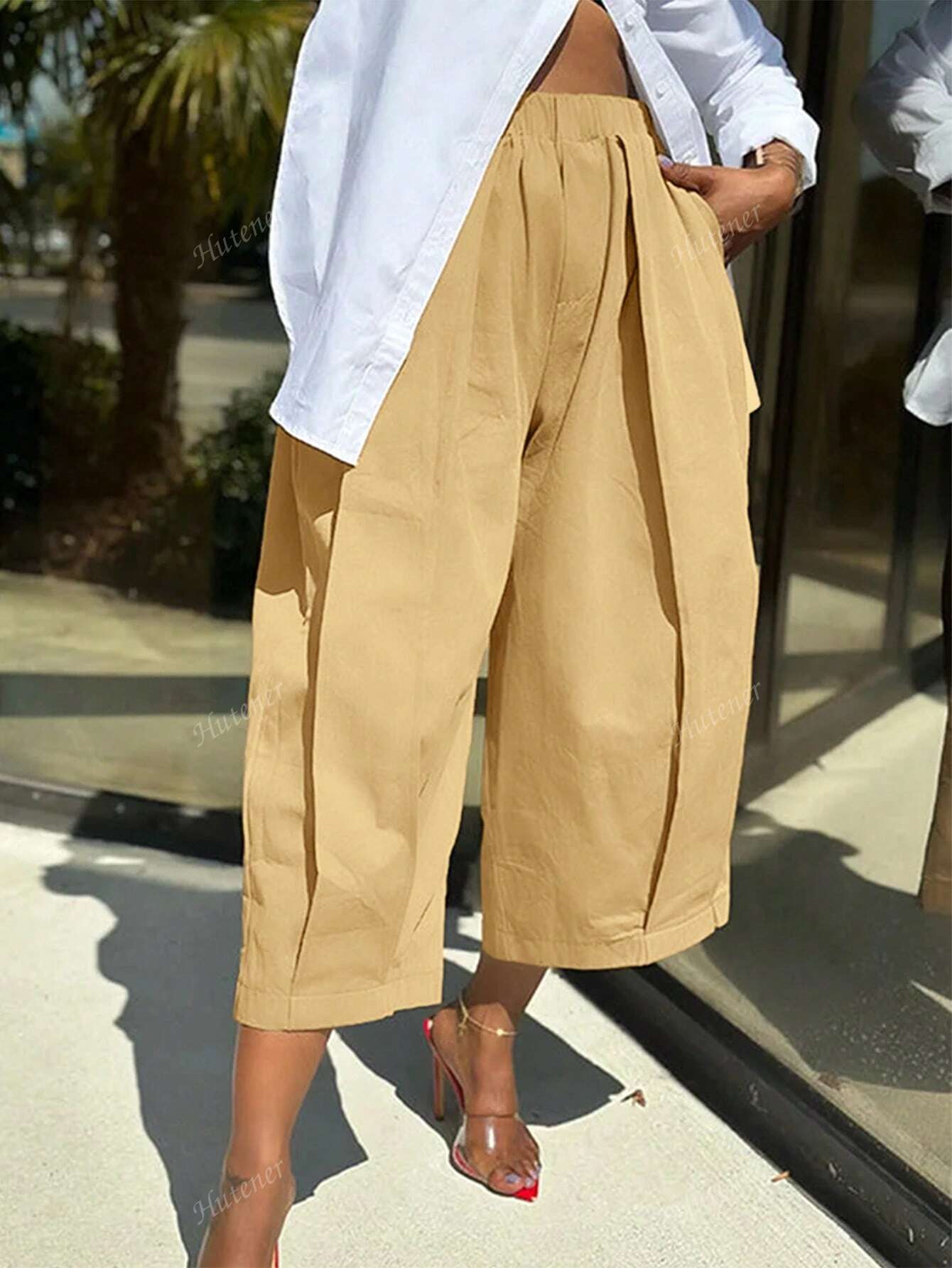 Women's Casual Wide Leg Pants With Elastic Waist And Pockets