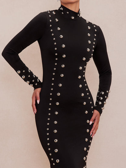 Elegant Mock Neck Studded Maxi Dress