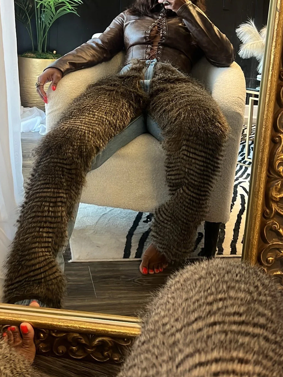 Faux Rabbit Fur Denim Patchwork Jeans