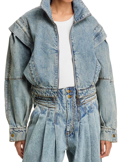 Stand Collar Patchwork Zip Up Denim Jacket