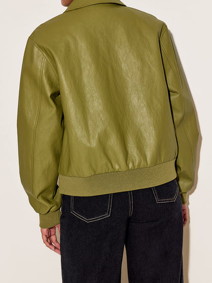 Faux Leather Ribbed Cuffs Bomber Jacket