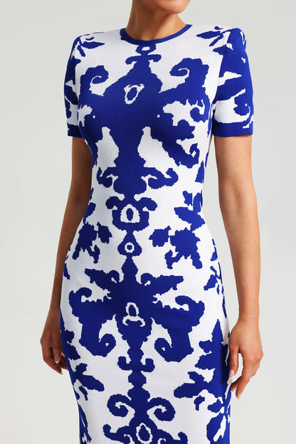 Round Neck Short Sleeve Jacquard Bandage Maxi Dress