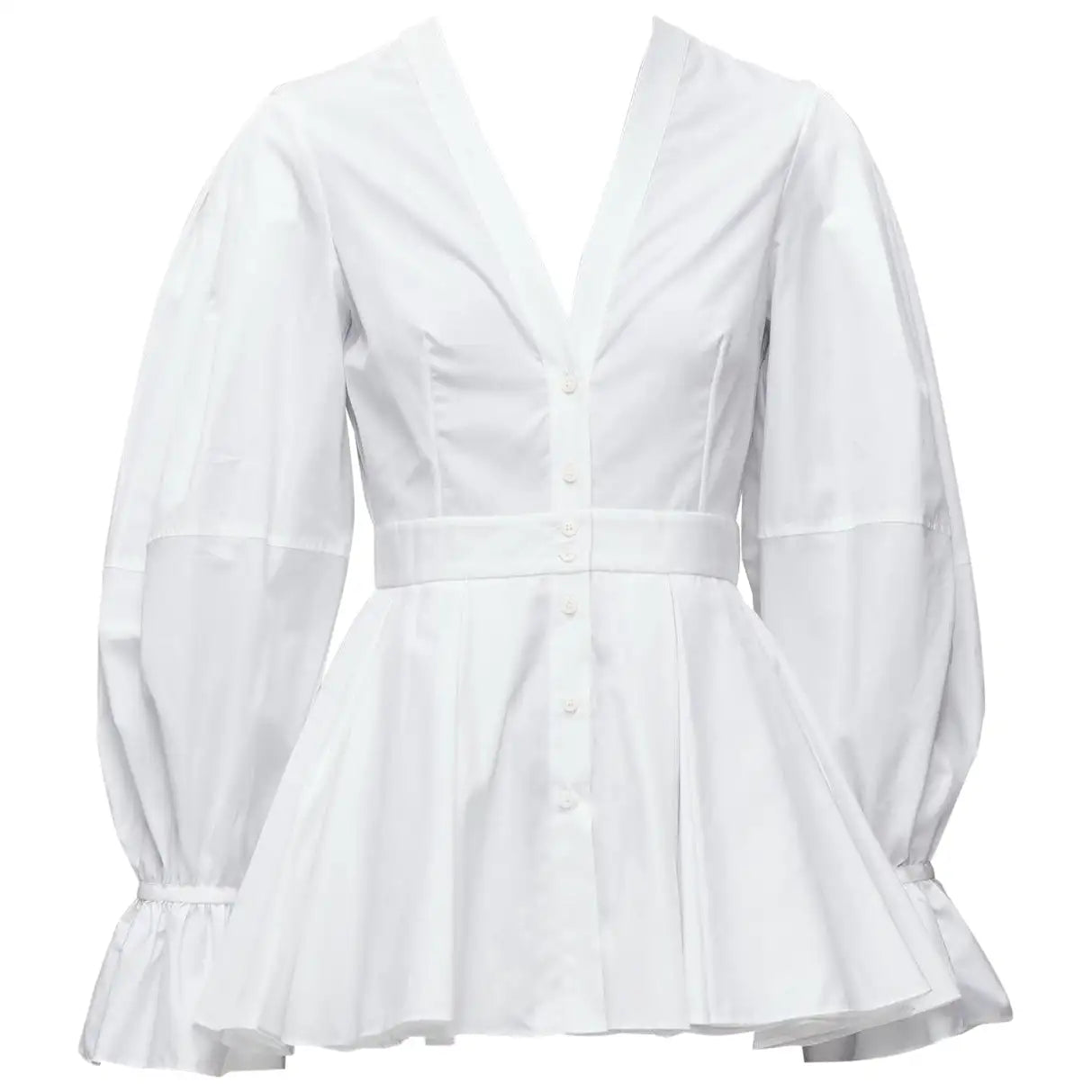 White Cotton V-neck Balloon Sleeve Peplum Dress Shirt