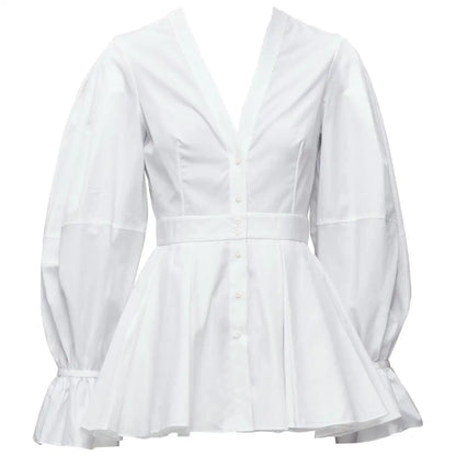 White Cotton V-neck Balloon Sleeve Peplum Dress Shirt