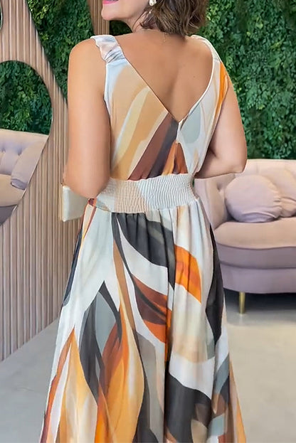 Draped Elastic Waist Printed Wide-leg Jumpsuit