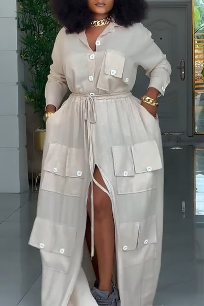 Utility Chic Pocket Maxi Shirt Dress – Button Down Split Long Dress with Drawstring Waist
