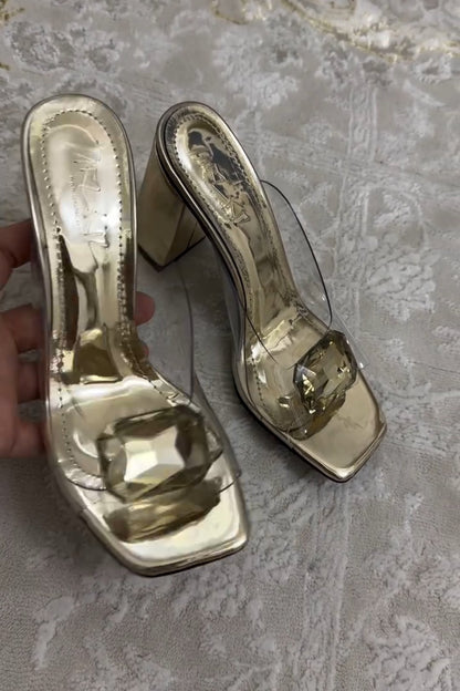 Gold Crystal Block Heel Mules Transparent Strap Square Toe Slippers