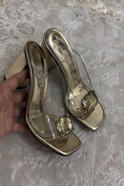 Gold Crystal Block Heel Mules Transparent Strap Square Toe Slippers