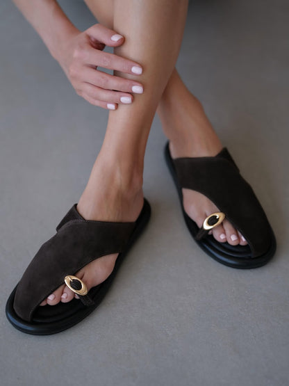 Bowie Asymmetric Cut Toe Buckle Detailed Genuine Leather Women's Slippers