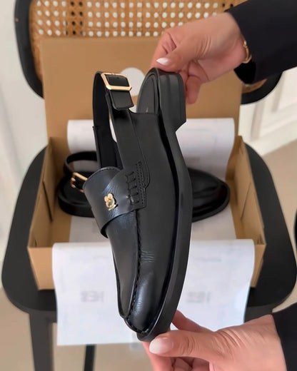 Sleek Black Leather Slip-On Loafers – Gold Buckle Strap Design