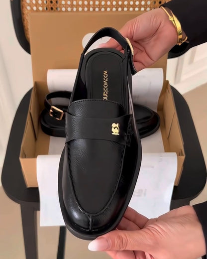 Sleek Black Leather Slip-On Loafers – Gold Buckle Strap Design