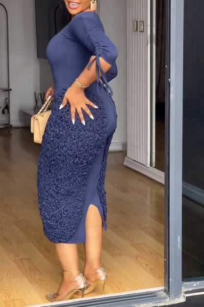 Irregular Pleated Decoration Drawstring Mid-length Sleeve Dress