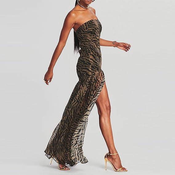 Womens Strapless Maxi Dress Slim High Slit Mesh Long Dress