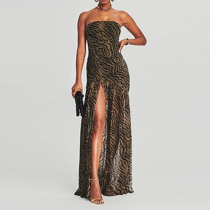 Womens Strapless Maxi Dress Slim High Slit Mesh Long Dress