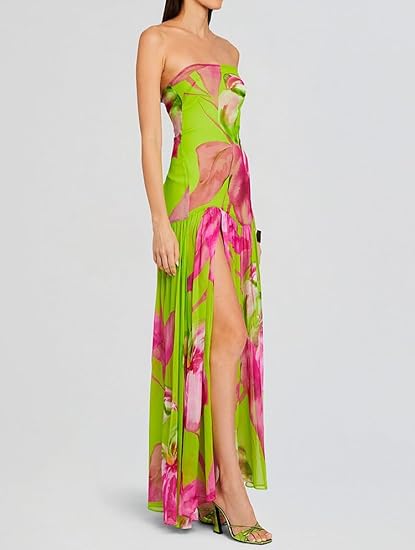 Womens Strapless Maxi Dress Slim High Slit Mesh Long Dress