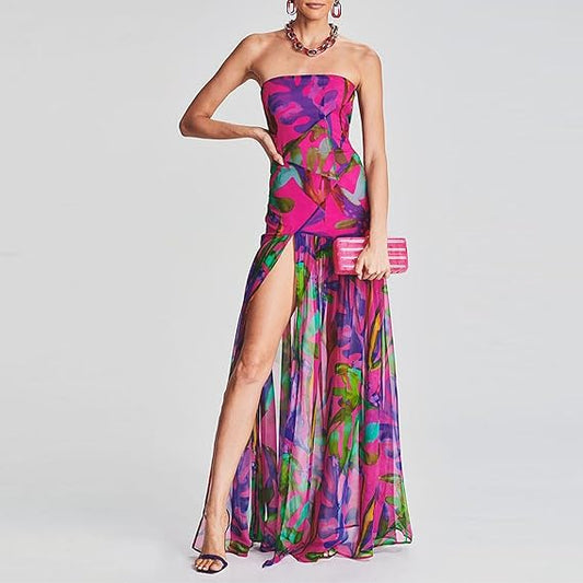 Womens Strapless Maxi Dress Slim High Slit Mesh Long Dress