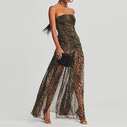 Womens Strapless Maxi Dress Slim High Slit Mesh Long Dress