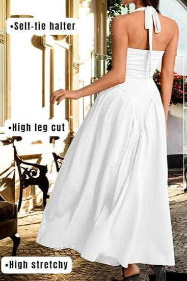 Corset Flowy Drop Waist Deep V Neck Halter Maxi Dresses
