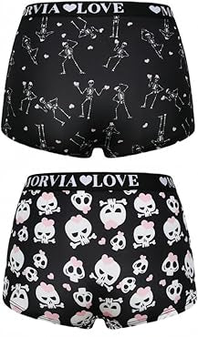 Women Gothic Halloween Skulls Print Contrast Binding Boyshorts Underwear Elastic Waist Intimates Panties