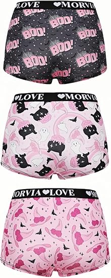 Women Gothic Halloween Skulls Print Contrast Binding Boyshorts Underwear Elastic Waist Intimates Panties
